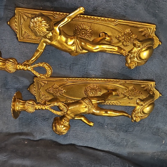Lancini Italian Antique Brass Cherub Wall Sconce Candle Holders - Picture 5 of 11